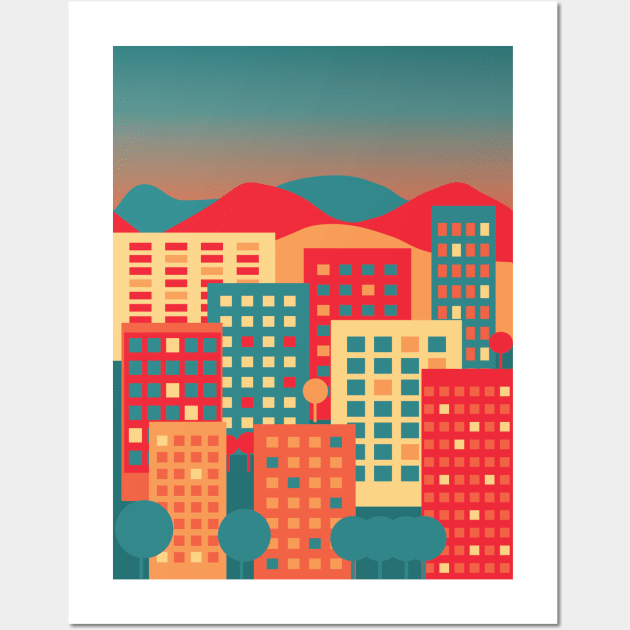 Warm colors illustration of a cityscape at night Wall Art by Nosa rez